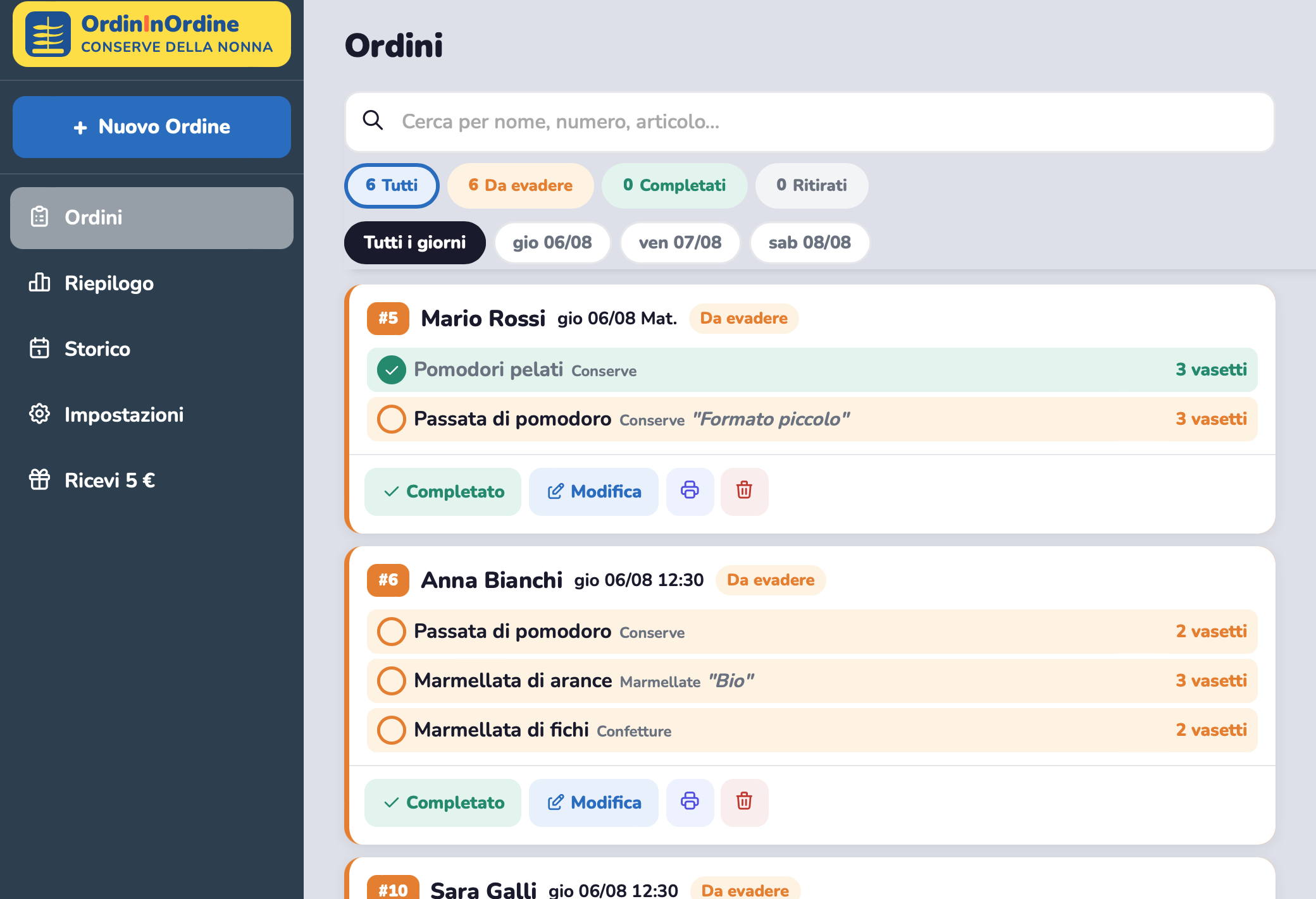 Schermata Ordini di OrdinInOrdine su computer, con l'elenco degli ordini di una drogheria
