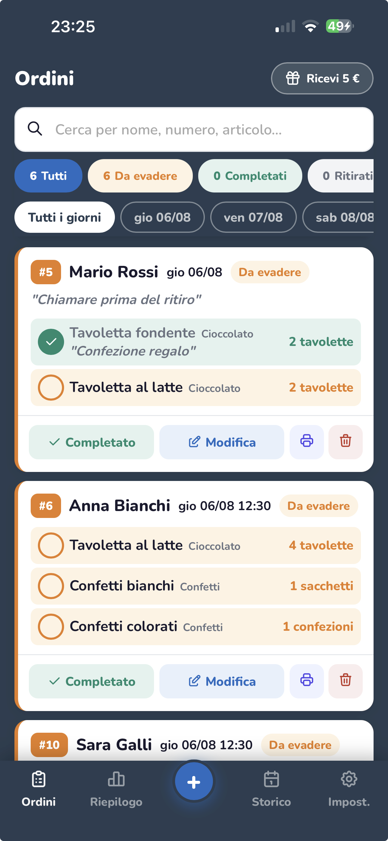 Schermata Ordini di OrdinInOrdine su smartphone, con l'elenco degli ordini di una cioccolateria