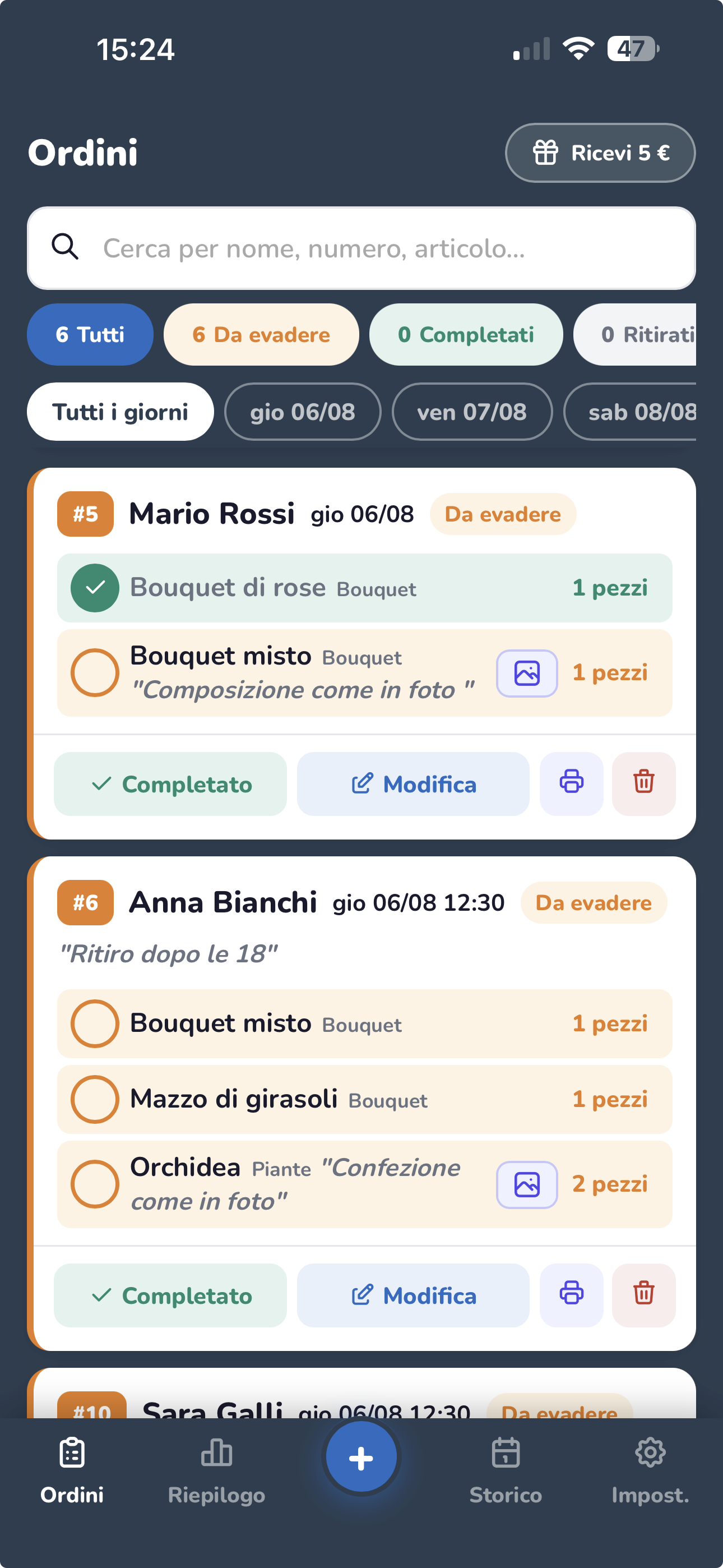 Schermata Ordini di OrdinInOrdine su smartphone, con l'elenco degli ordini di una fioraio
