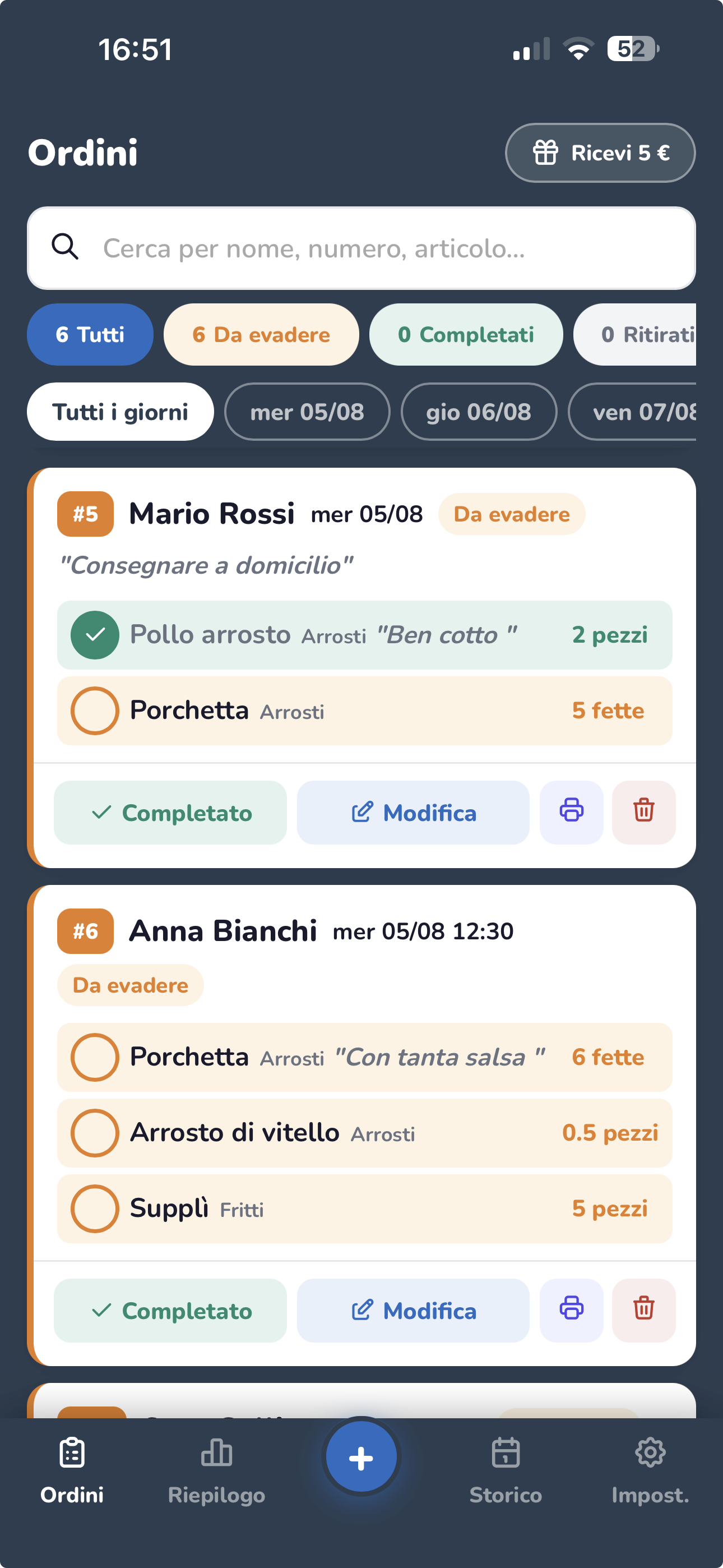 Schermata Ordini di OrdinInOrdine su smartphone, con l'elenco degli ordini di una gastronomia