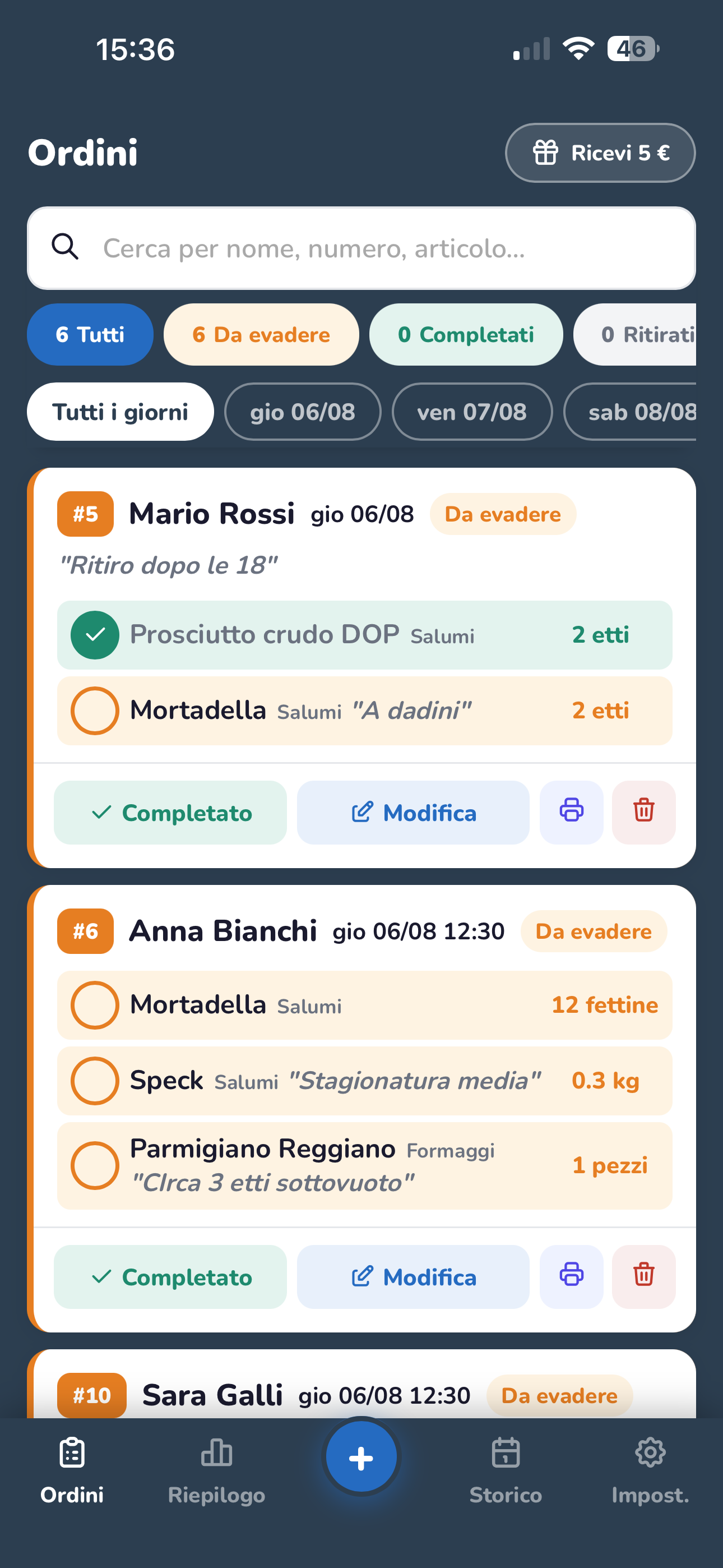 Schermata Ordini di OrdinInOrdine su smartphone, con l'elenco degli ordini di una salumeria