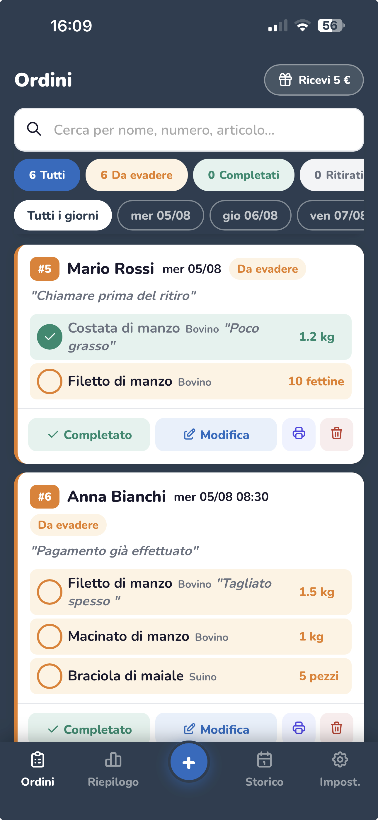 Schermata Ordini di OrdinInOrdine su smartphone, con l'elenco degli ordini di una macelleria