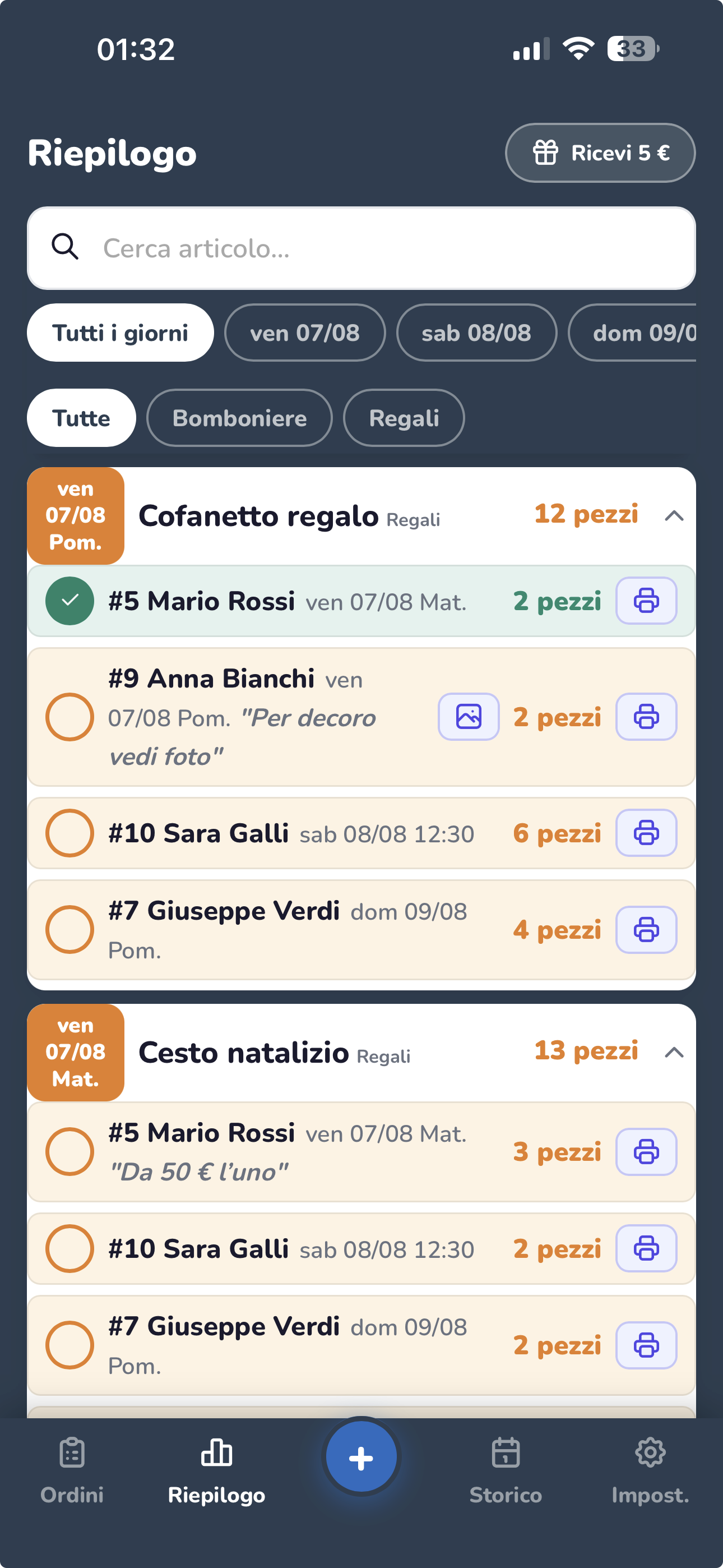 Schermata Riepilogo di OrdinInOrdine su smartphone, con gli ordini aggregati per articolo