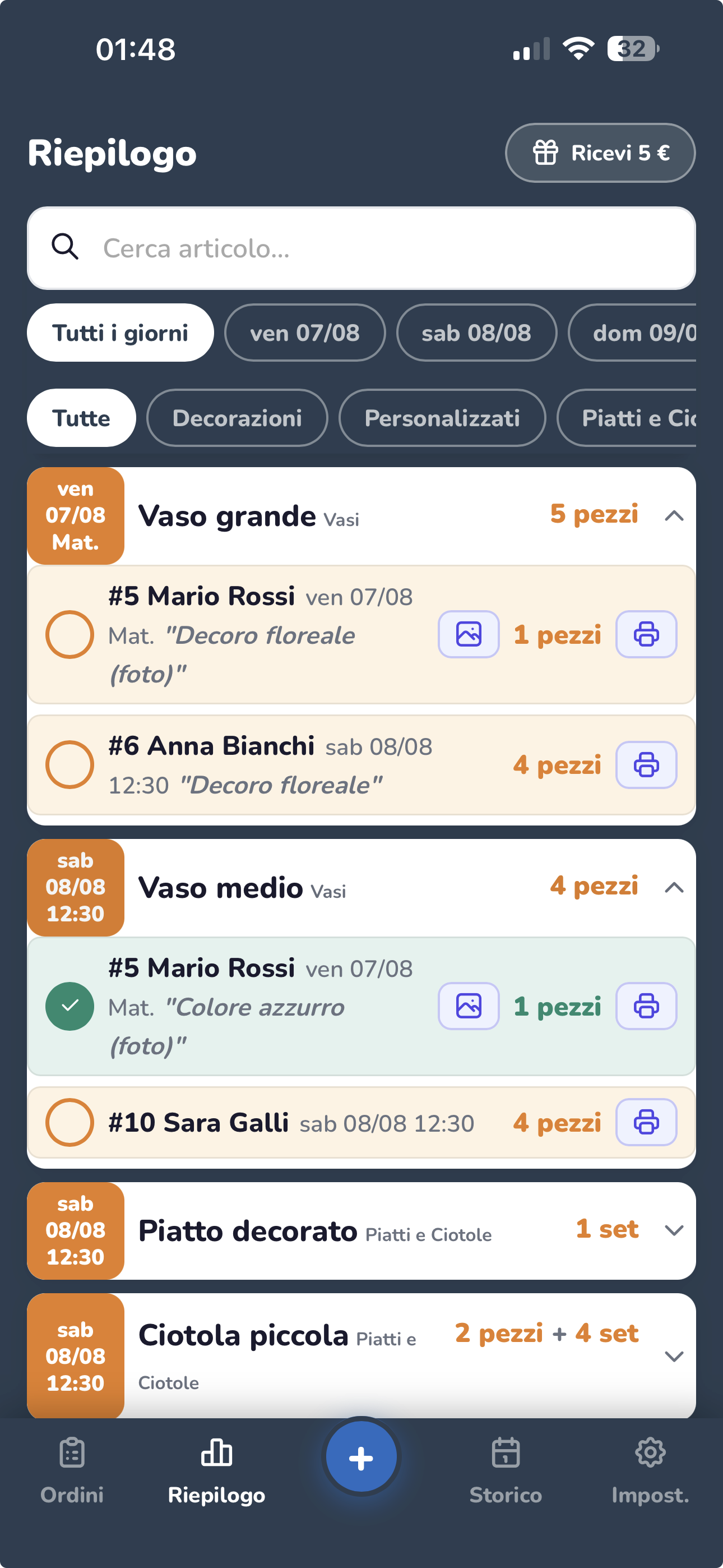 Schermata Riepilogo di OrdinInOrdine su smartphone, con gli ordini aggregati per articolo