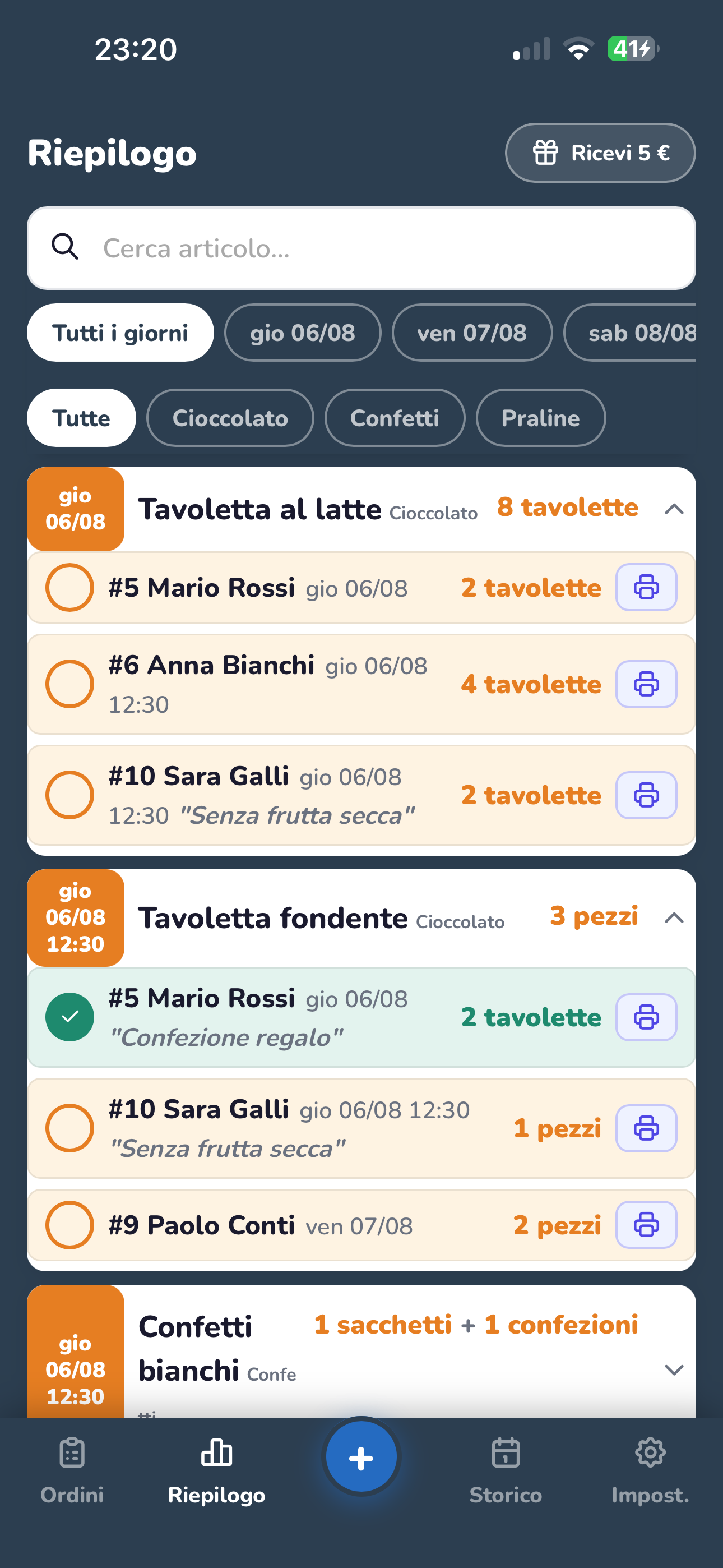 Schermata Riepilogo di OrdinInOrdine su smartphone, con gli ordini aggregati per articolo