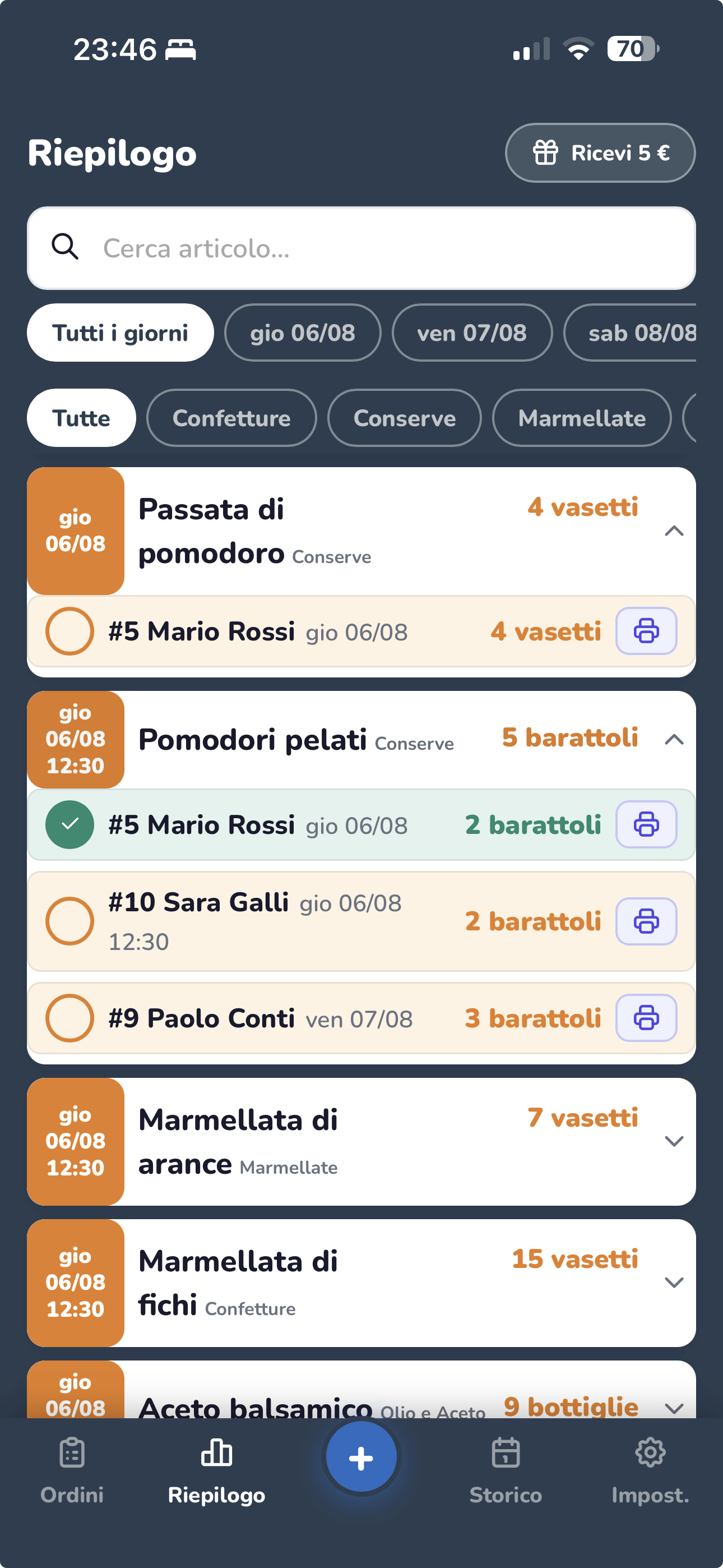 Schermata Riepilogo di OrdinInOrdine su smartphone, con gli ordini aggregati per articolo