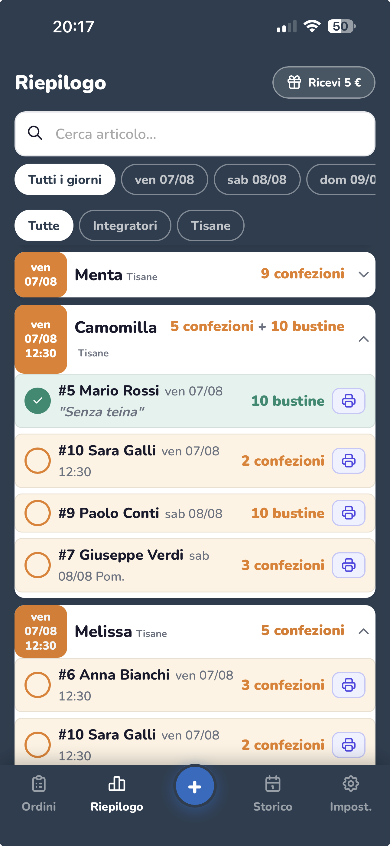 Schermata Riepilogo di OrdinInOrdine su smartphone, con gli ordini aggregati per articolo
