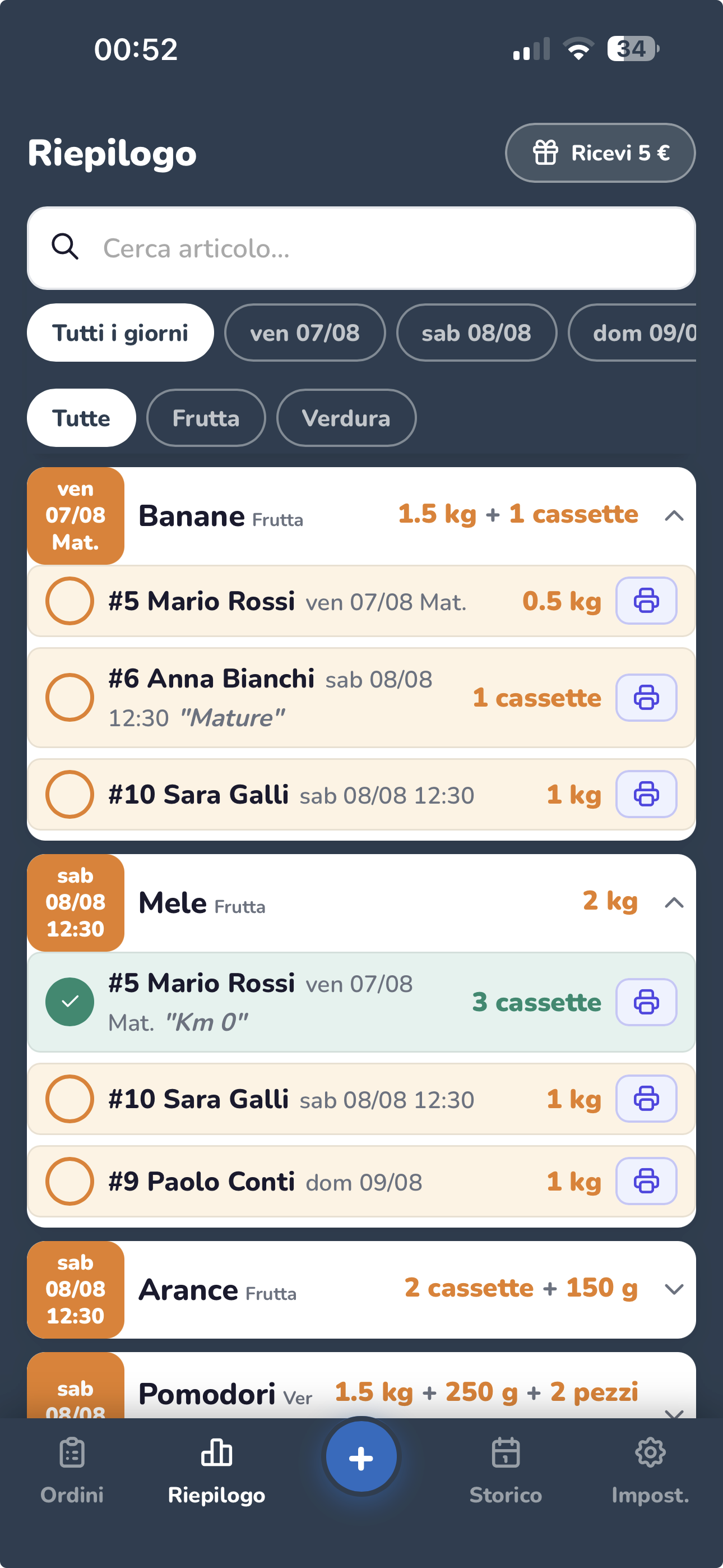 Schermata Riepilogo di OrdinInOrdine su smartphone, con gli ordini aggregati per articolo