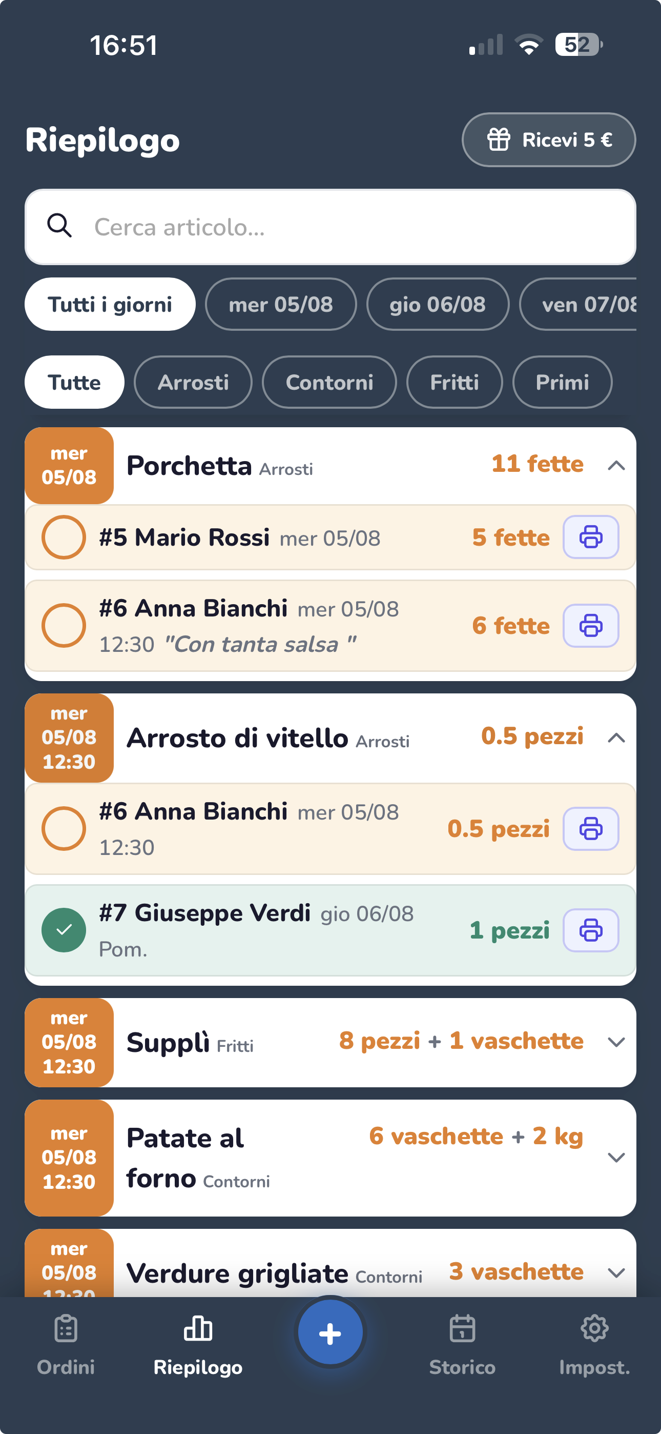 Schermata Riepilogo di OrdinInOrdine su smartphone, con gli ordini aggregati per articolo
