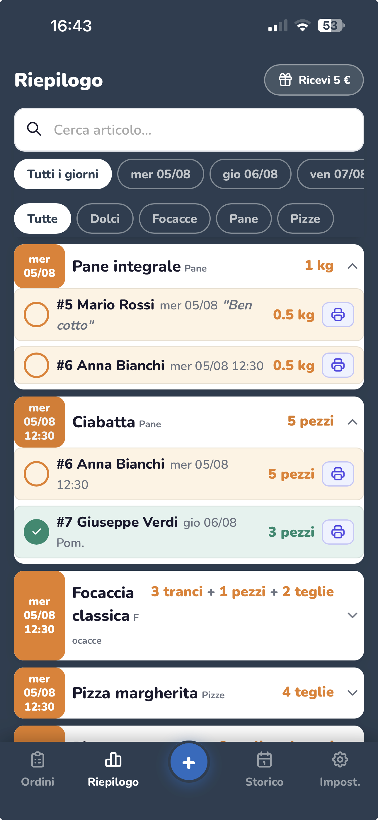 Schermata Riepilogo di OrdinInOrdine su smartphone, con gli ordini aggregati per articolo