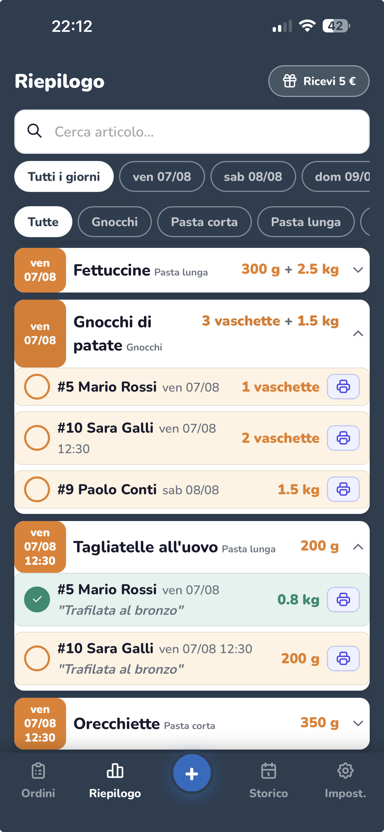 Schermata Riepilogo di OrdinInOrdine su smartphone, con gli ordini aggregati per articolo