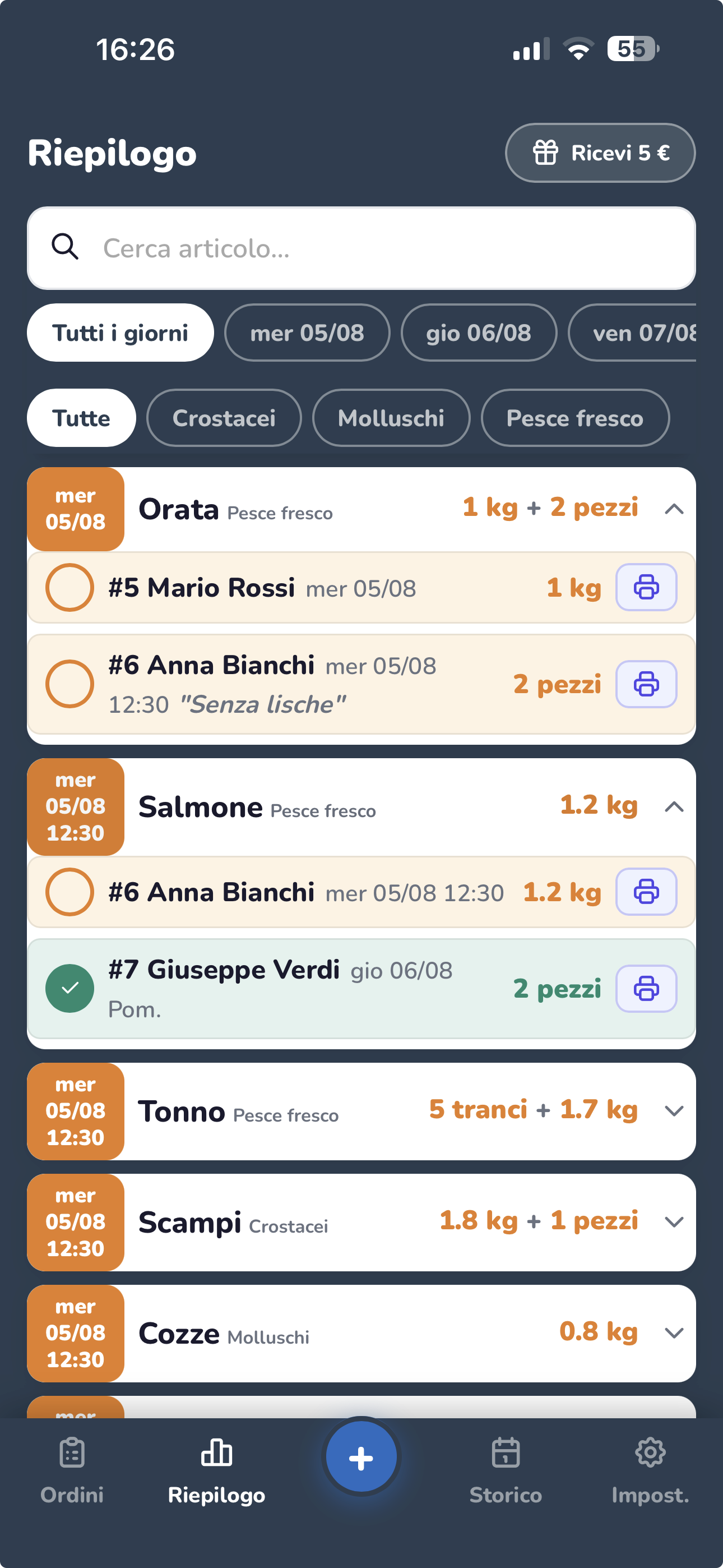 Schermata Riepilogo di OrdinInOrdine su smartphone, con gli ordini aggregati per articolo