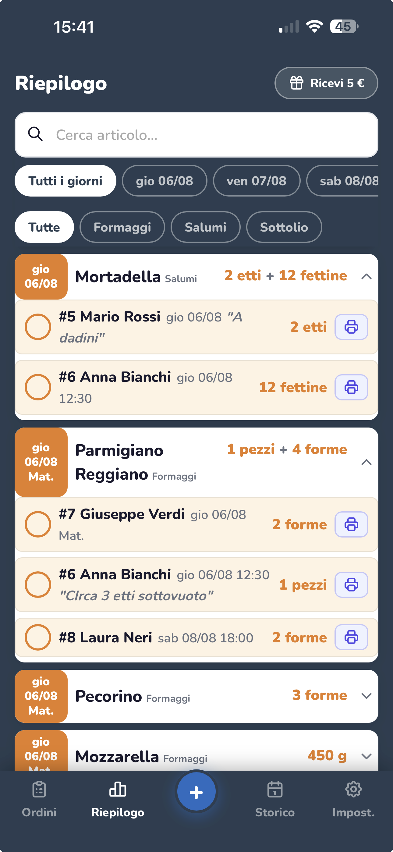 Schermata Riepilogo di OrdinInOrdine su smartphone, con gli ordini aggregati per articolo