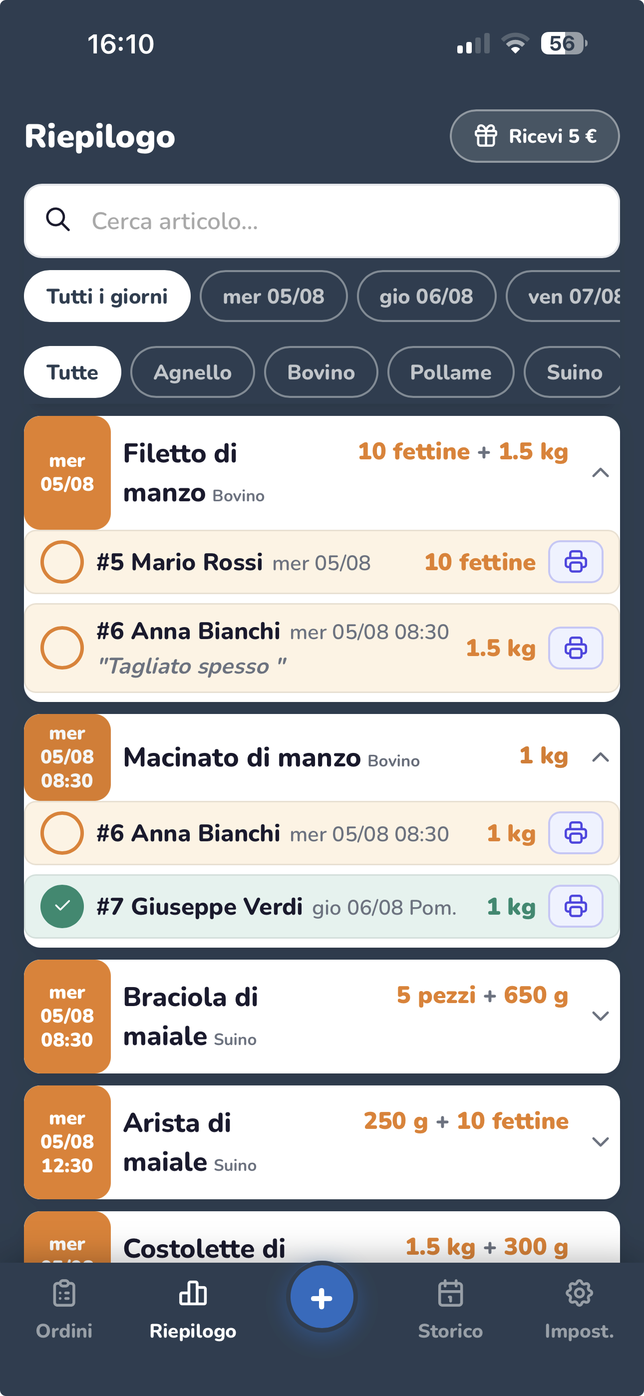 Schermata Riepilogo di OrdinInOrdine su smartphone, con gli ordini aggregati per articolo